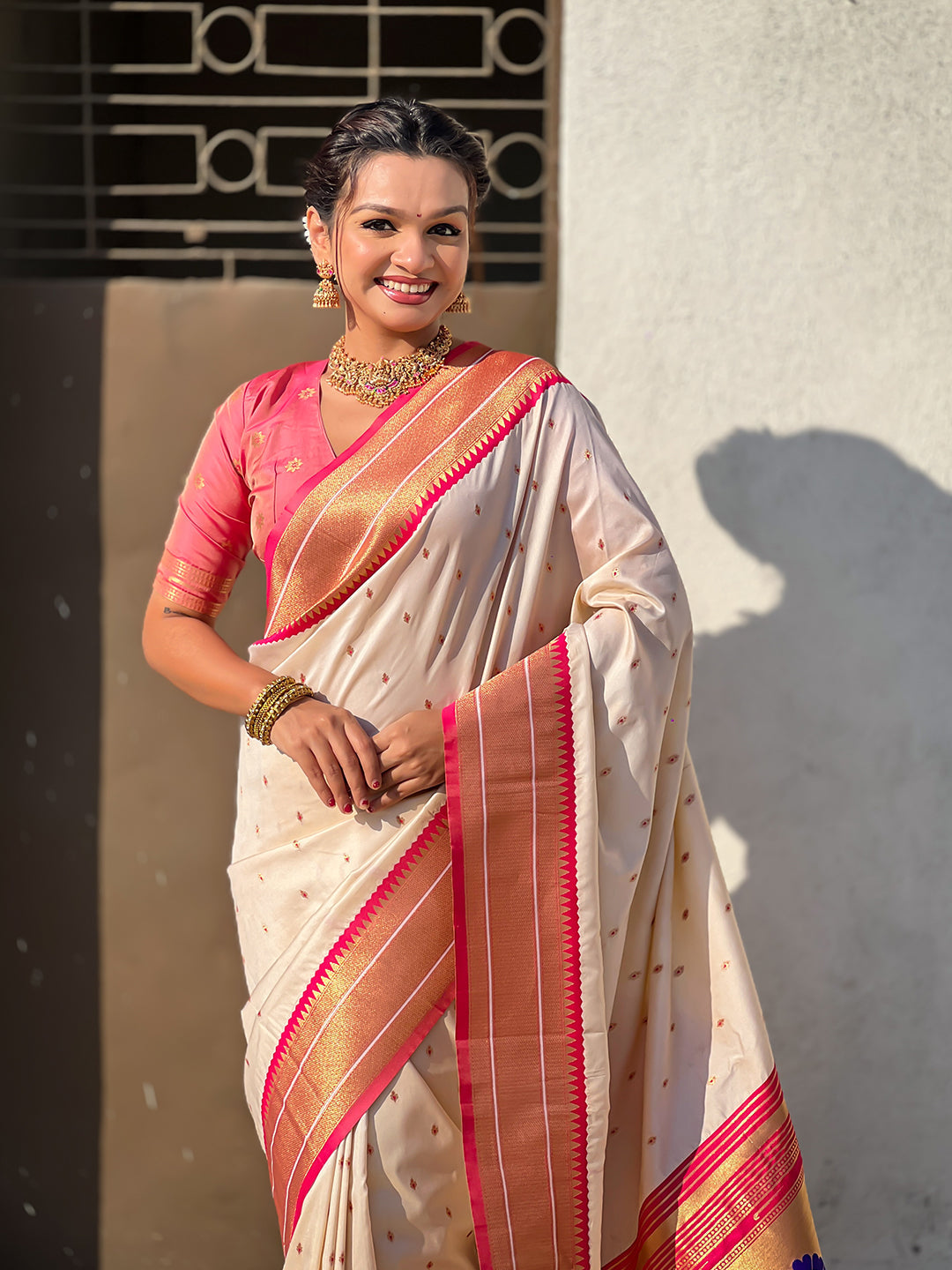 Cream soft silk paithani zari woven saree