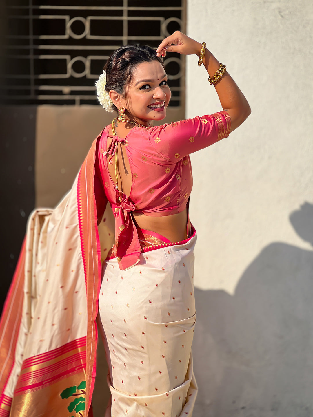Cream soft silk paithani zari woven saree