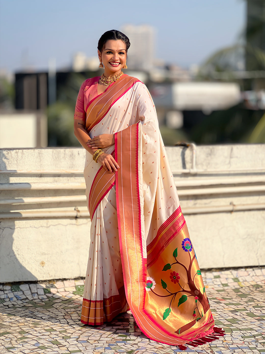 Cream soft silk paithani zari woven saree