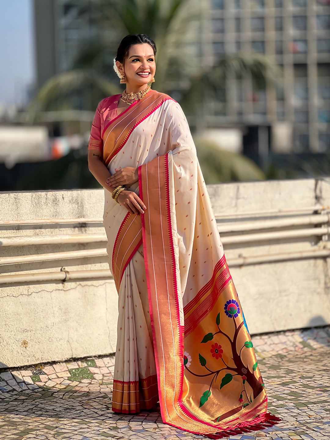 Cream soft silk paithani zari woven saree
