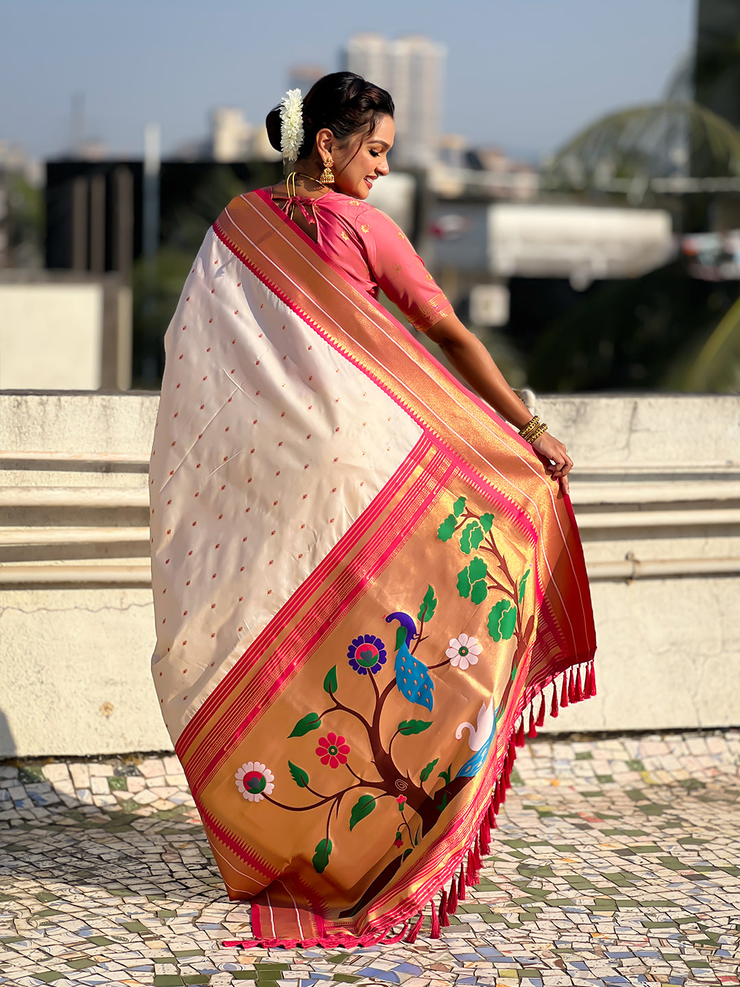 Cream soft silk paithani zari woven saree