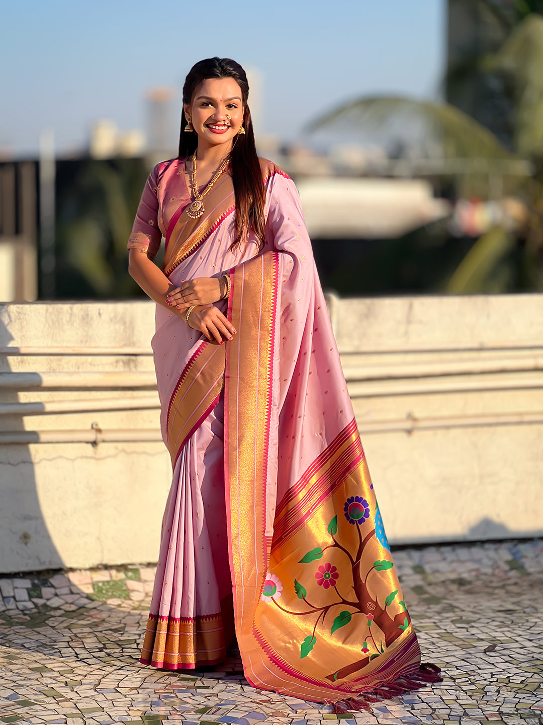 Lavender soft silk paithani zari woven saree