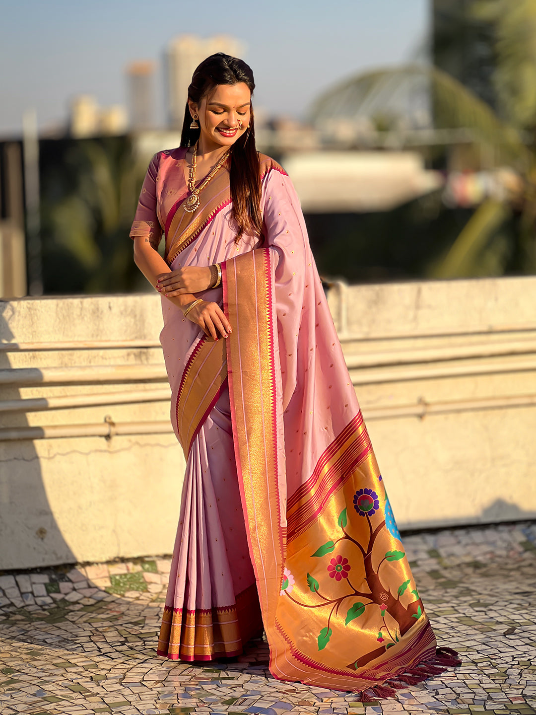 Lavender soft silk paithani zari woven saree