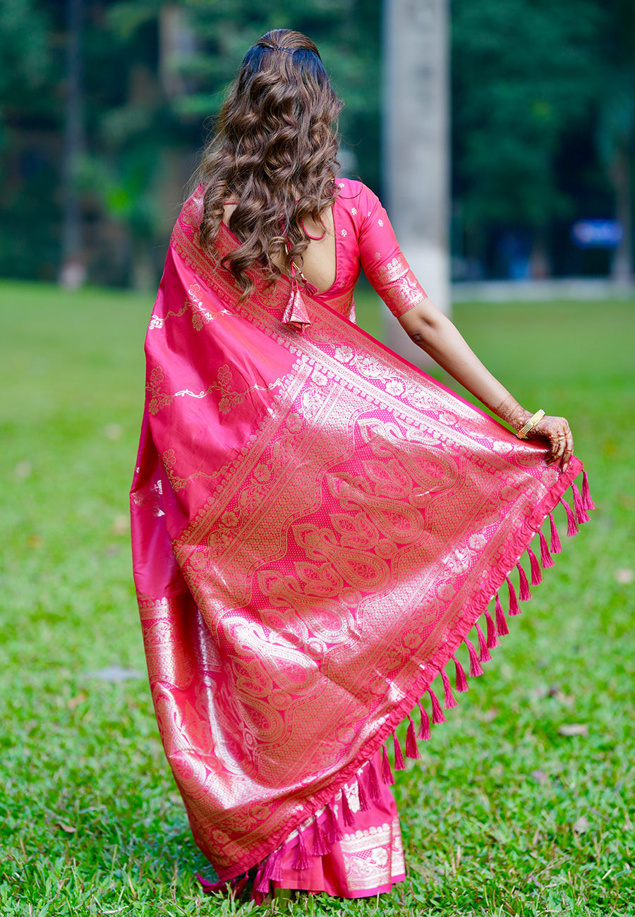 Pink banarasi jaal soft silk zari woven saree