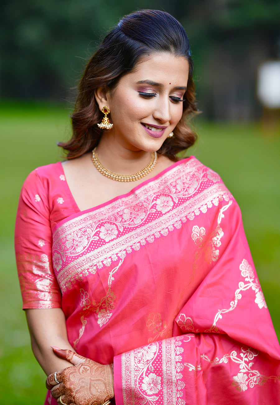 Pink banarasi jaal soft silk zari woven saree