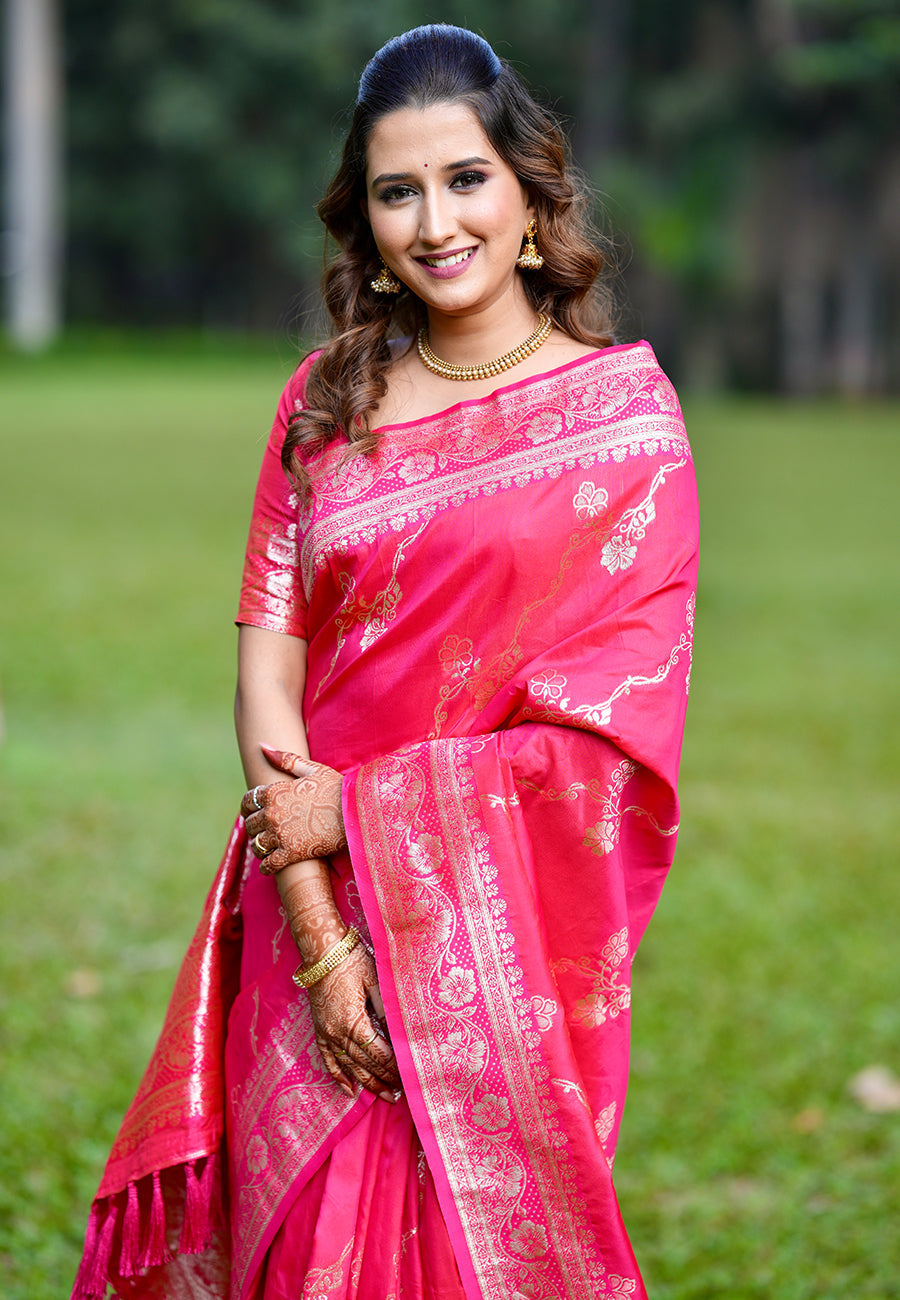 Pink banarasi jaal soft silk zari woven saree