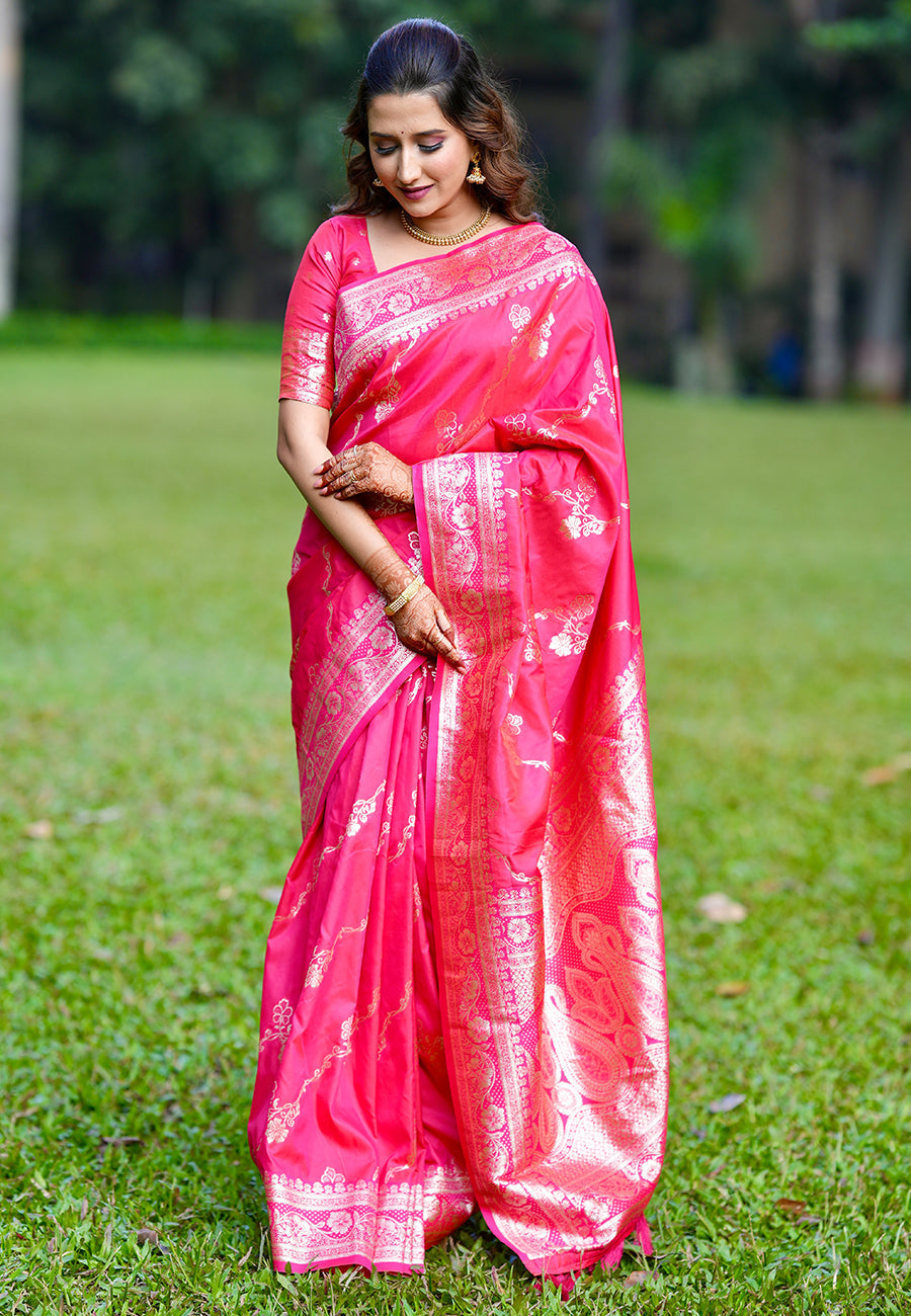 Pink banarasi jaal soft silk zari woven saree