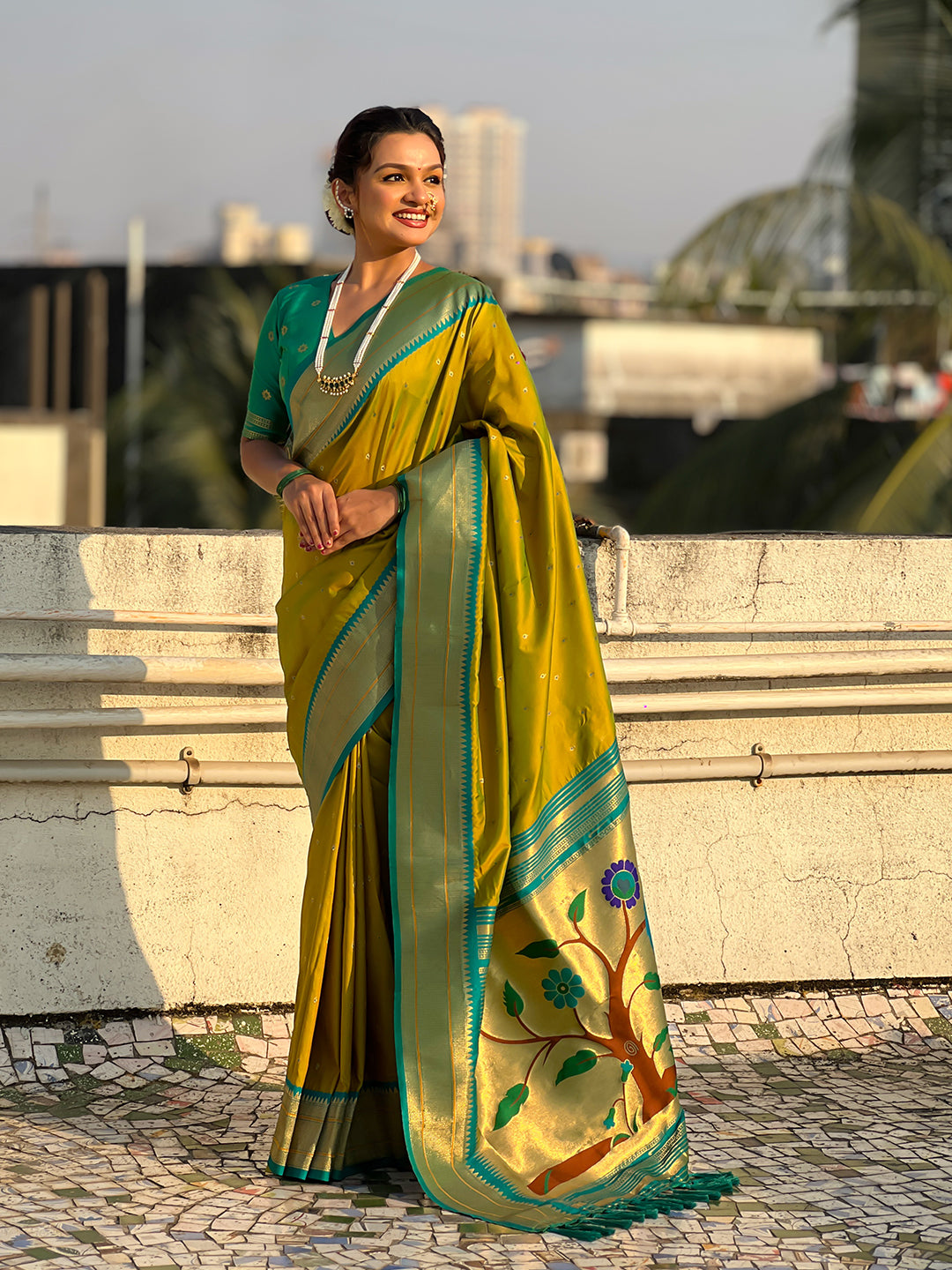 Mehendi green soft silk paithani zari woven saree