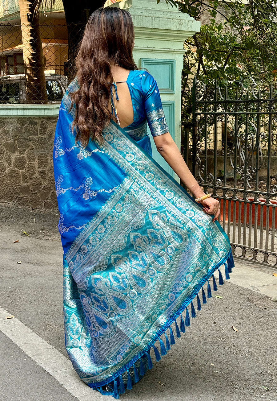 Blue banarasi jaal soft silk zari woven saree