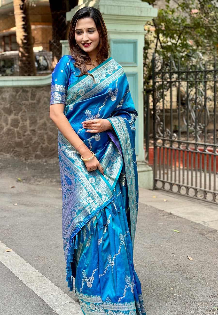 Blue banarasi jaal soft silk zari woven saree