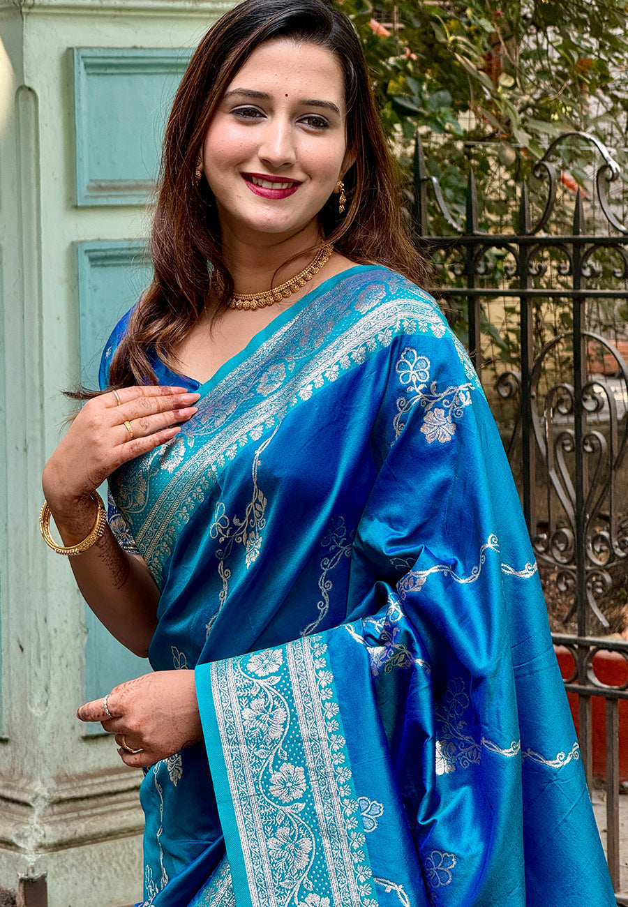 Blue banarasi jaal soft silk zari woven saree