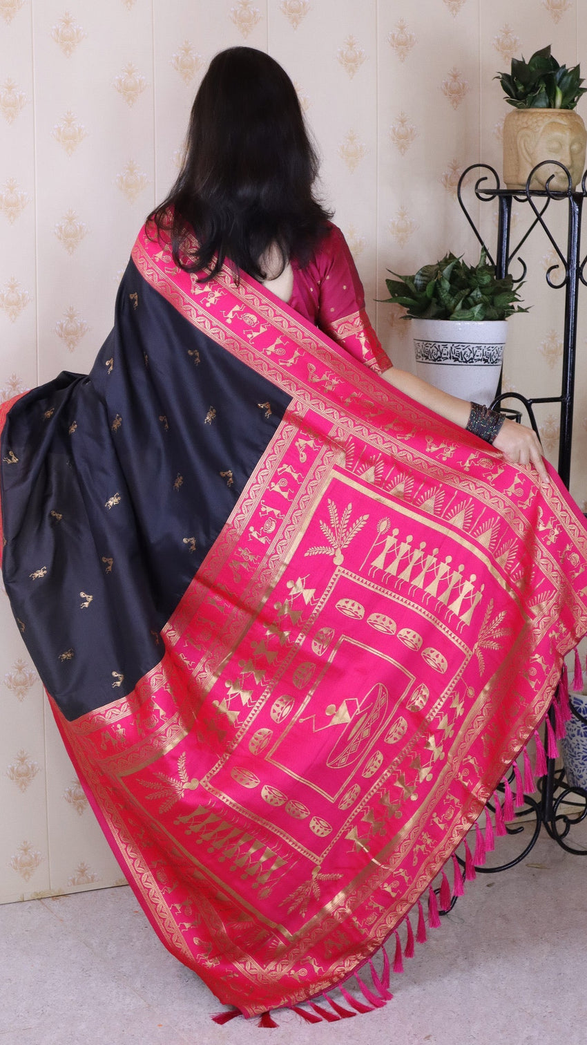 Black soft silk zari woven warli art traditional saree