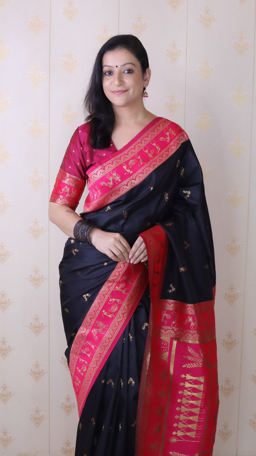 Black soft silk zari woven warli art traditional saree