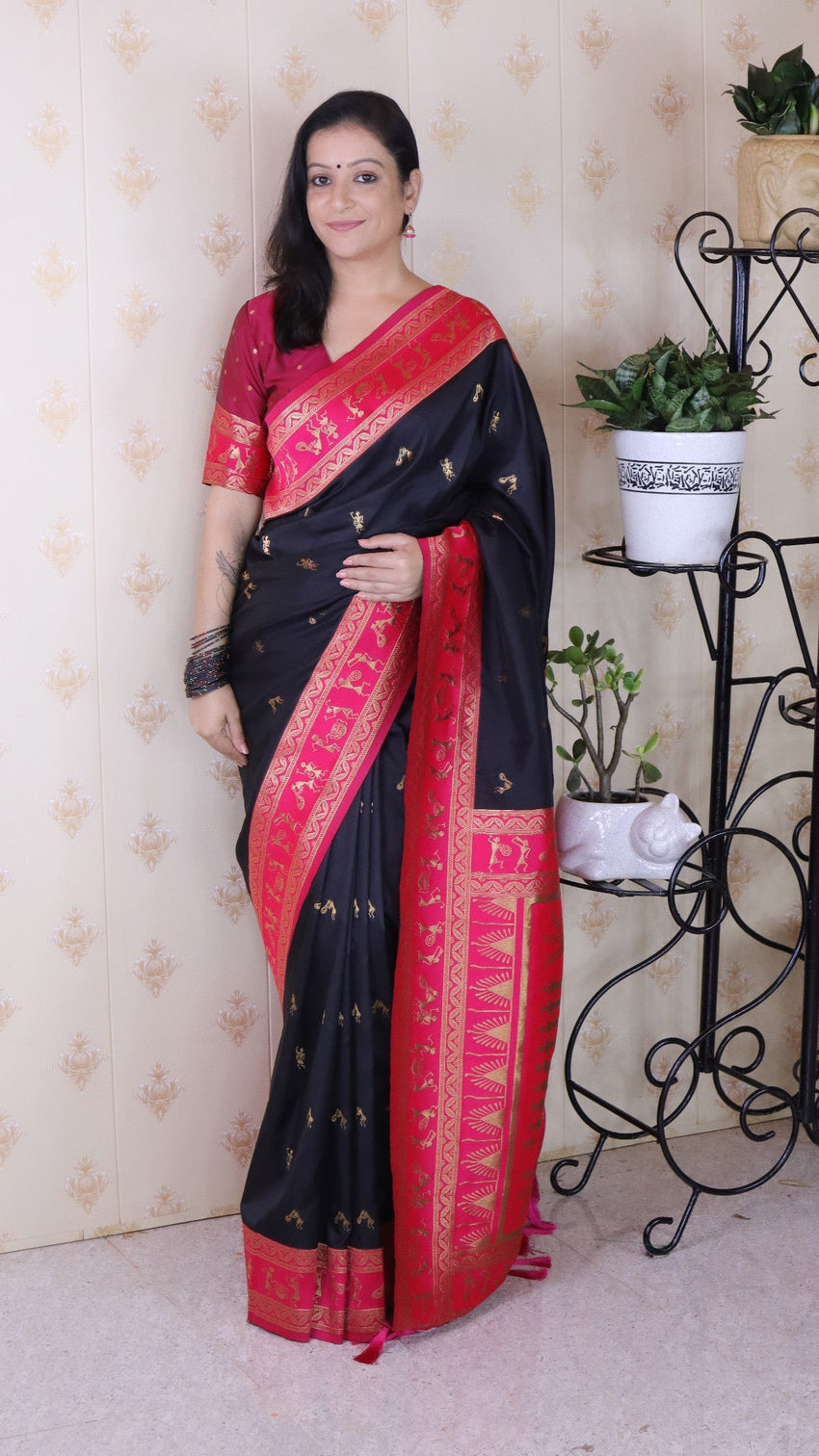 Black soft silk zari woven warli art traditional saree