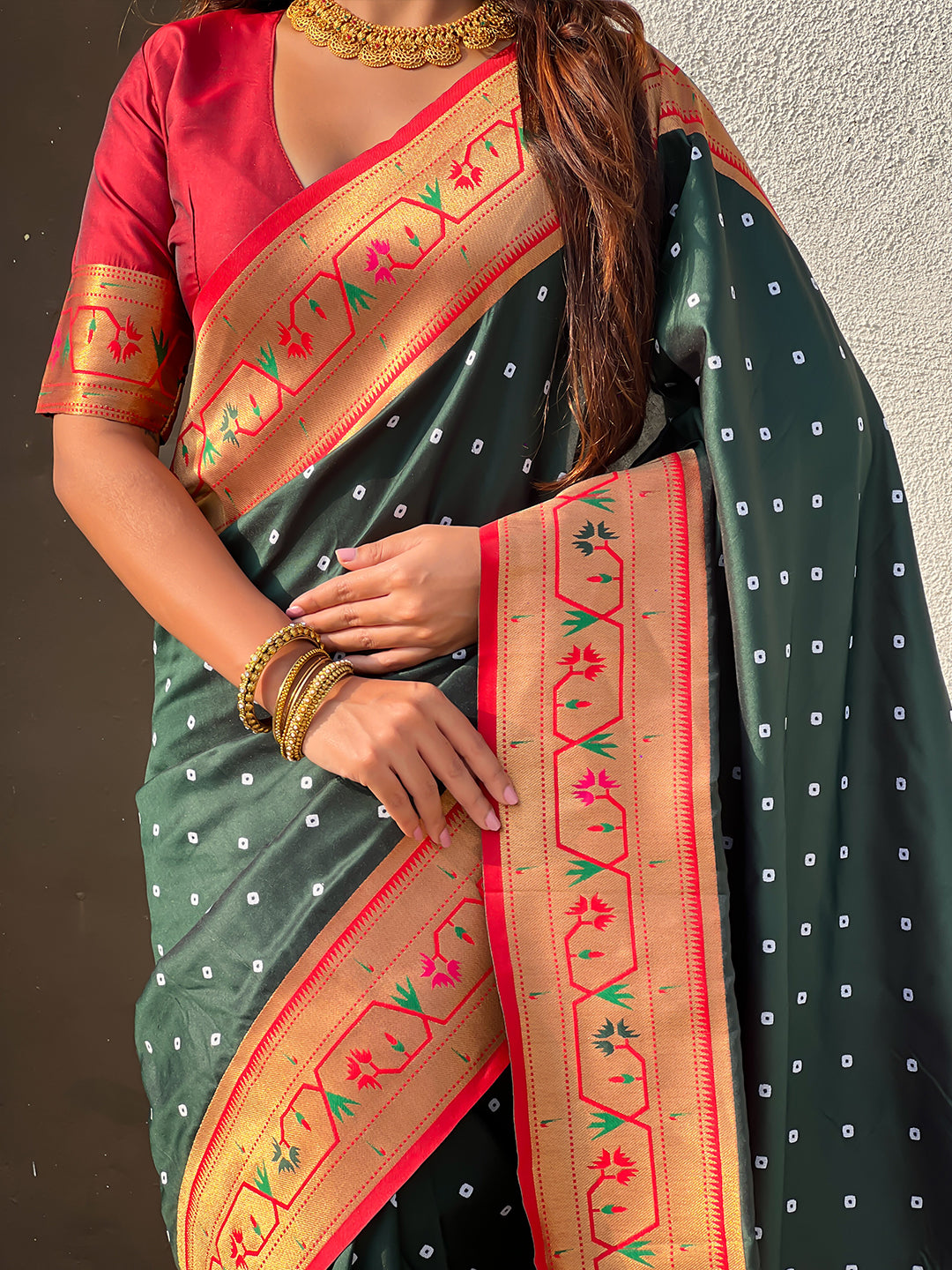 Bottle green zari woven bandhani paithani fusion silk saree
