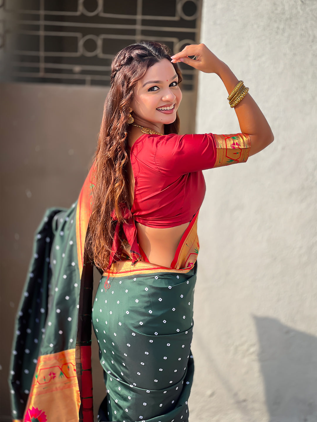 Bottle green zari woven bandhani paithani fusion silk saree