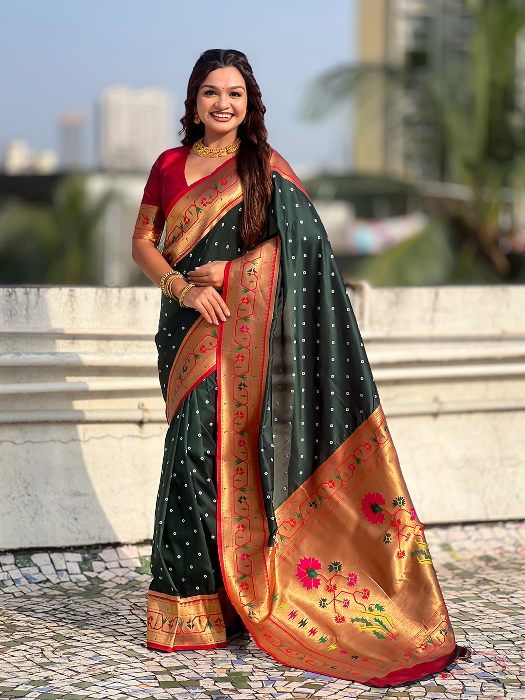 Bottle green zari woven bandhani paithani fusion silk saree