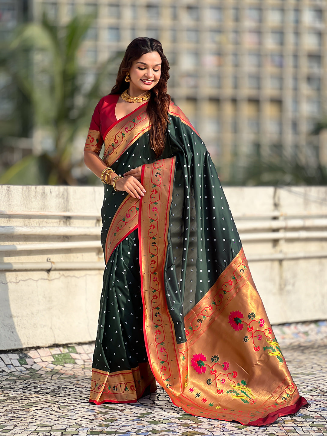 Bottle green zari woven bandhani paithani fusion silk saree