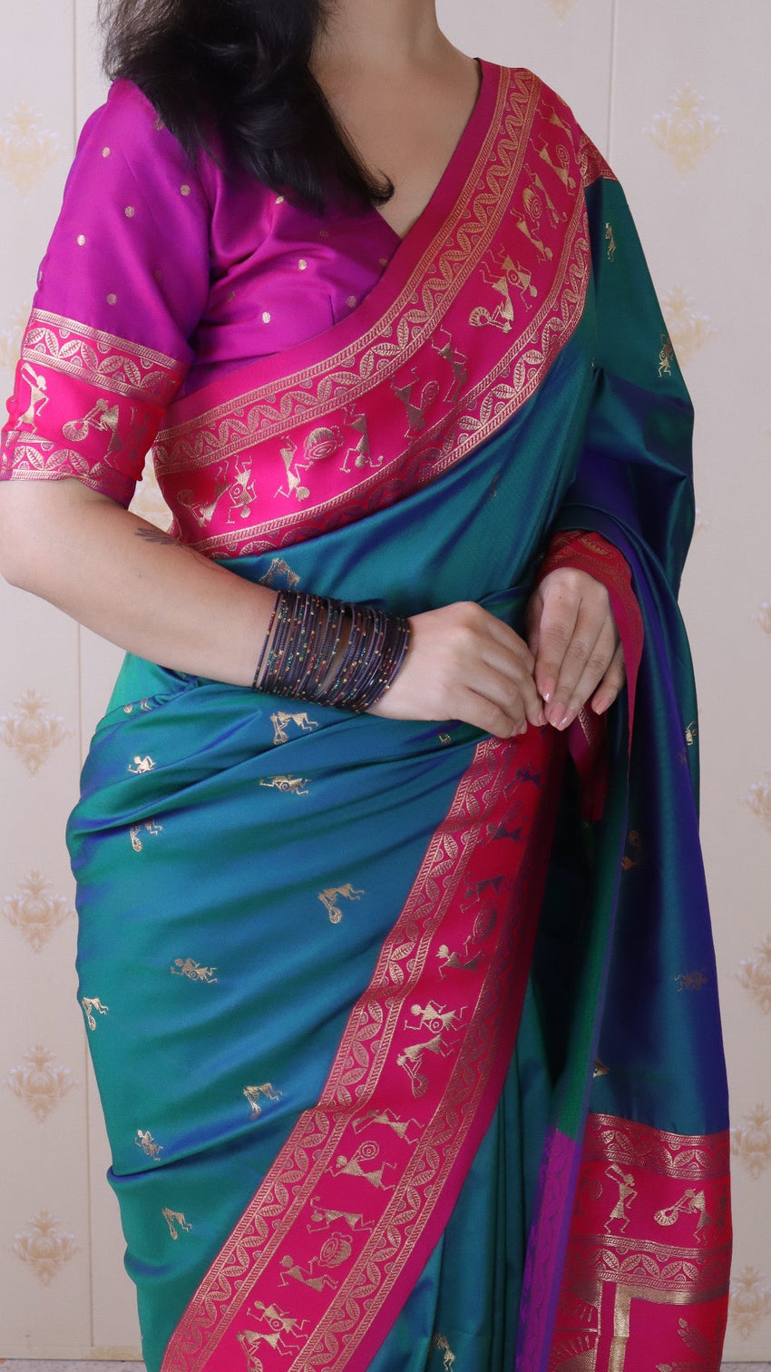 Green soft silk zari woven warli art traditional saree