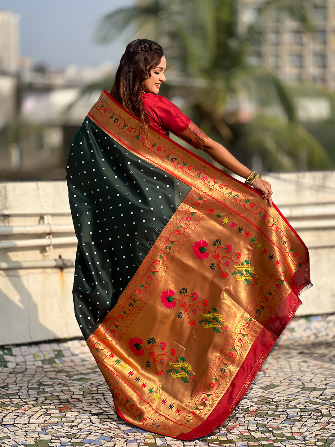 Bottle green zari woven bandhani paithani fusion silk saree