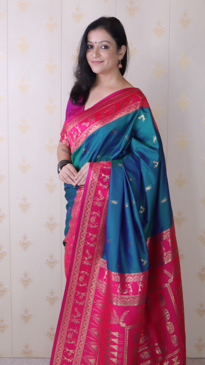 Green soft silk zari woven warli art traditional saree
