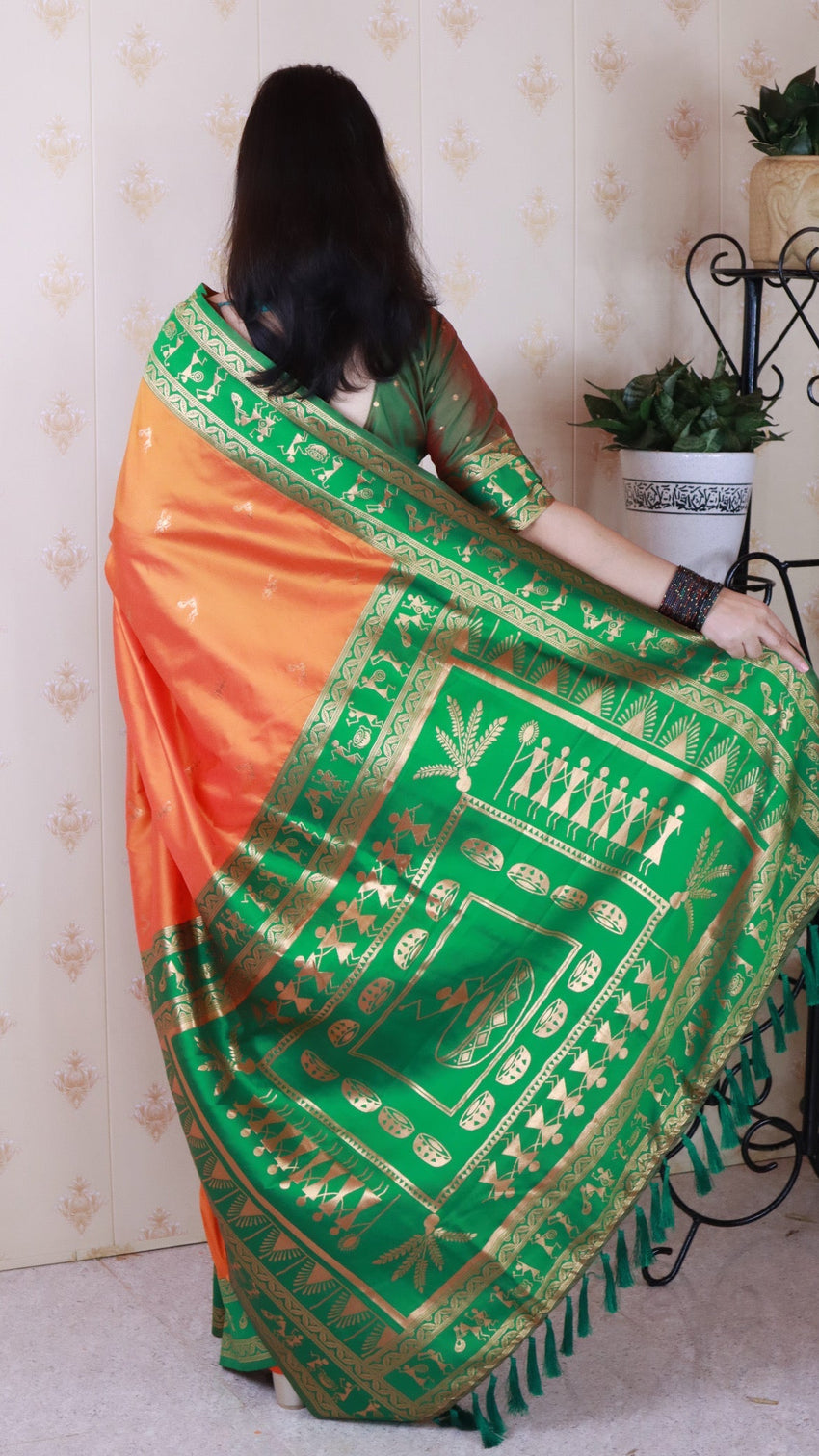 Orange soft silk zari woven warli art traditional saree