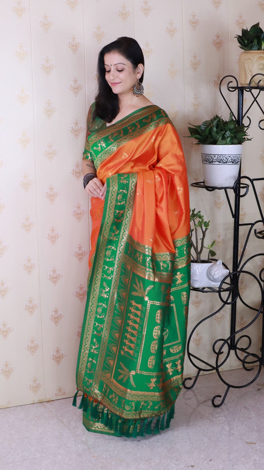 Orange soft silk zari woven warli art traditional saree