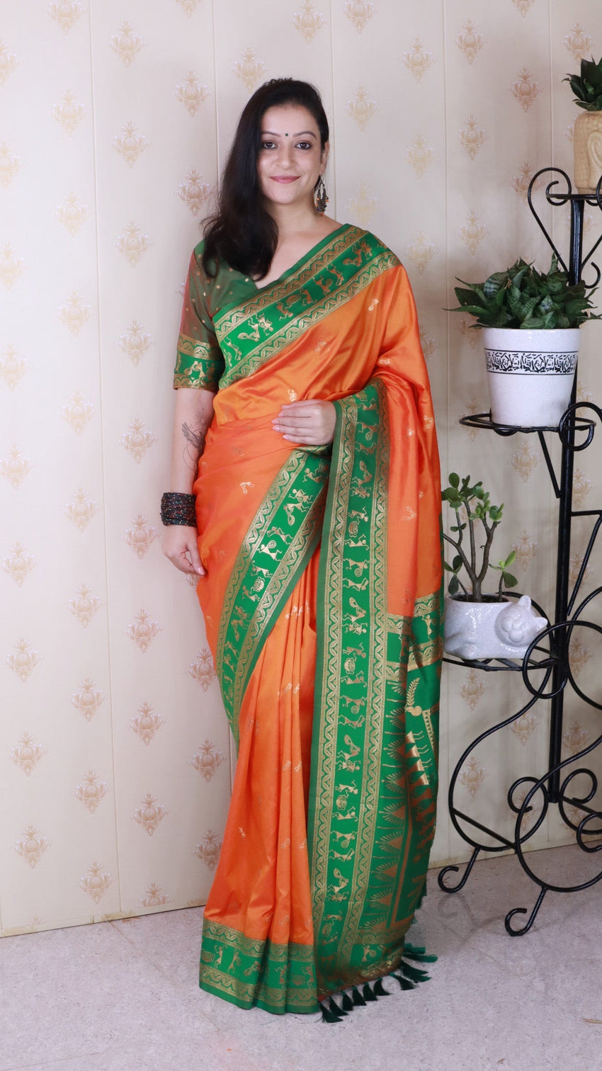 Orange soft silk zari woven warli art traditional saree