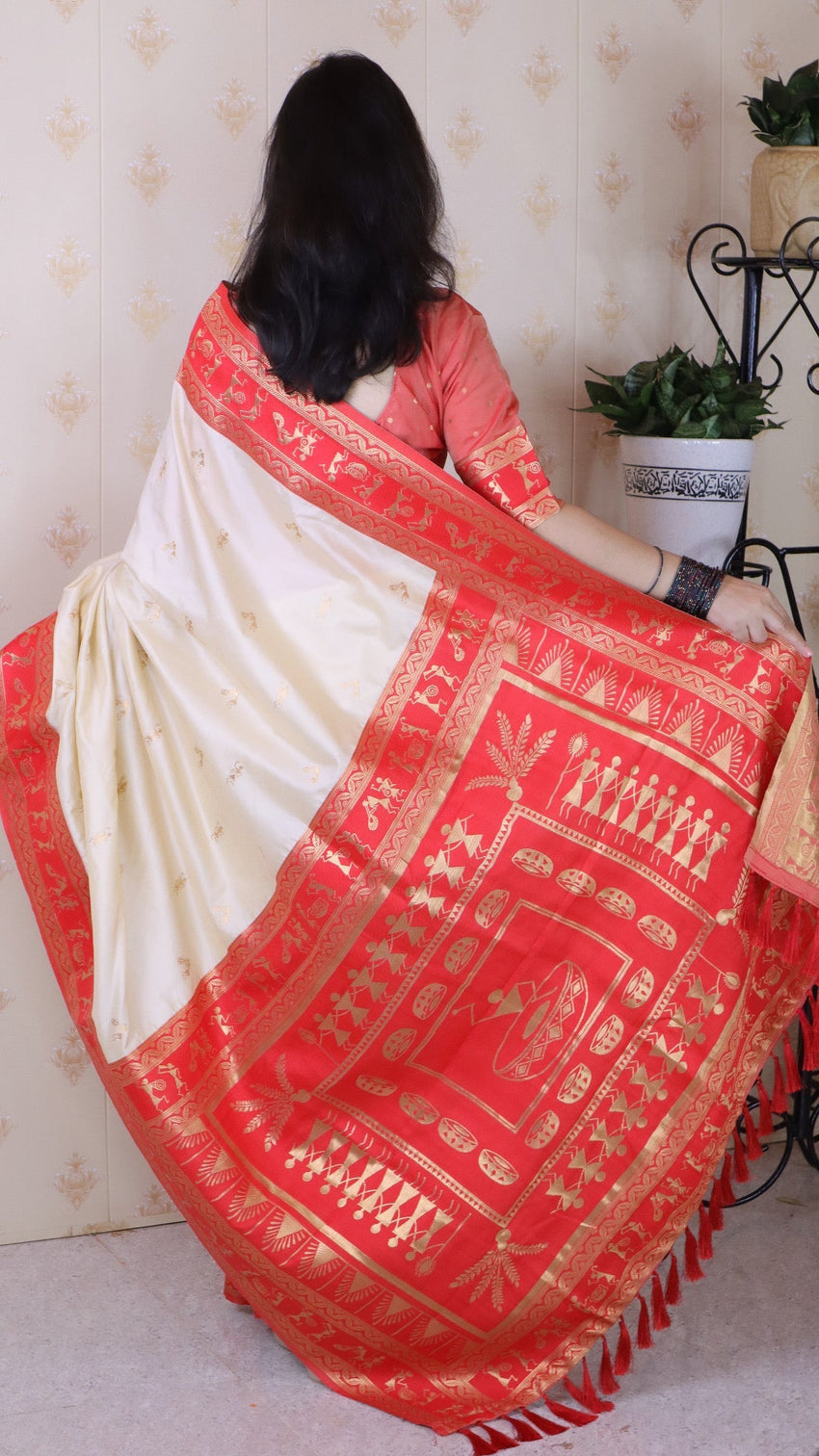 Cream soft silk zari woven warli art traditional saree