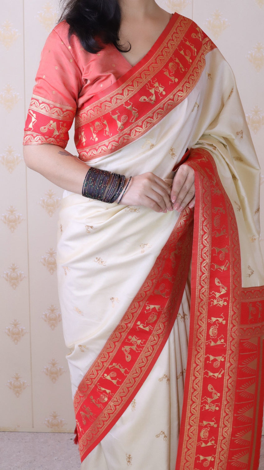 Cream soft silk zari woven warli art traditional saree
