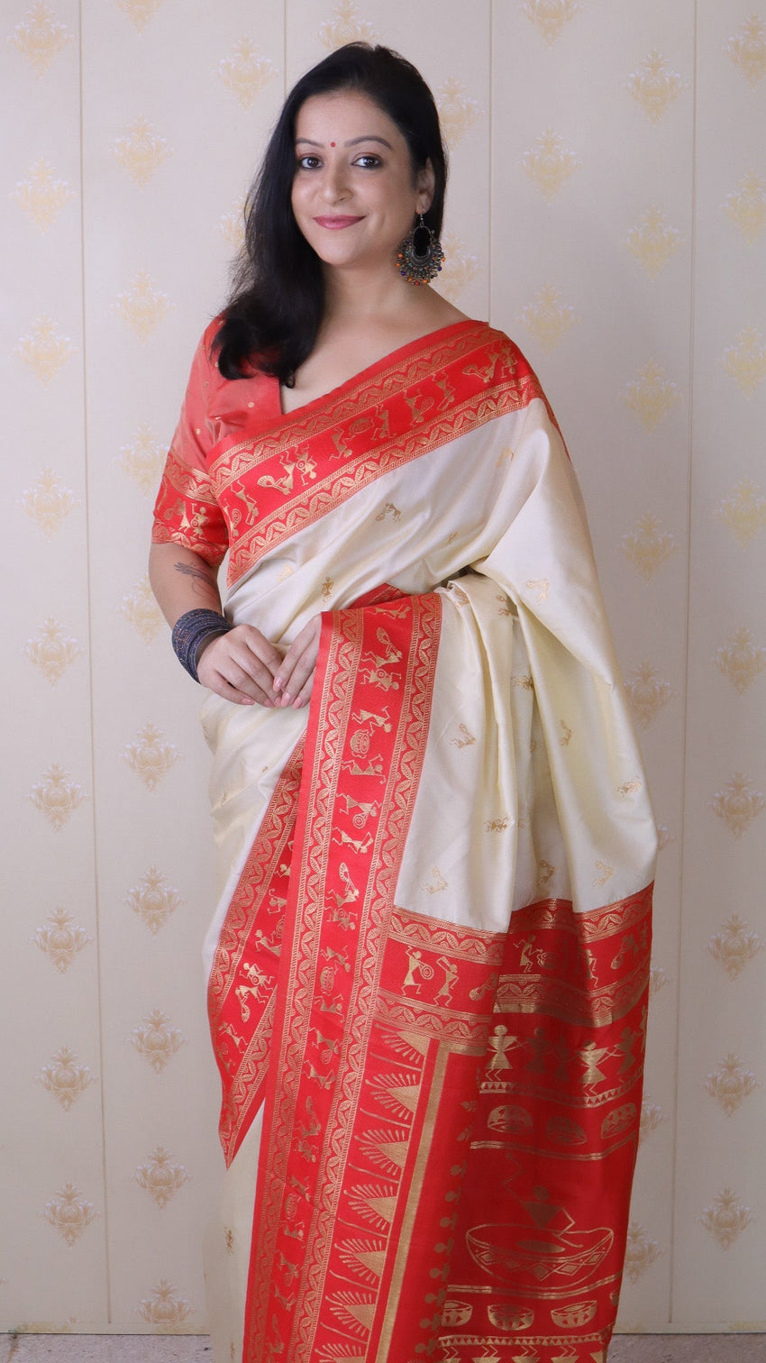 Cream soft silk zari woven warli art traditional saree