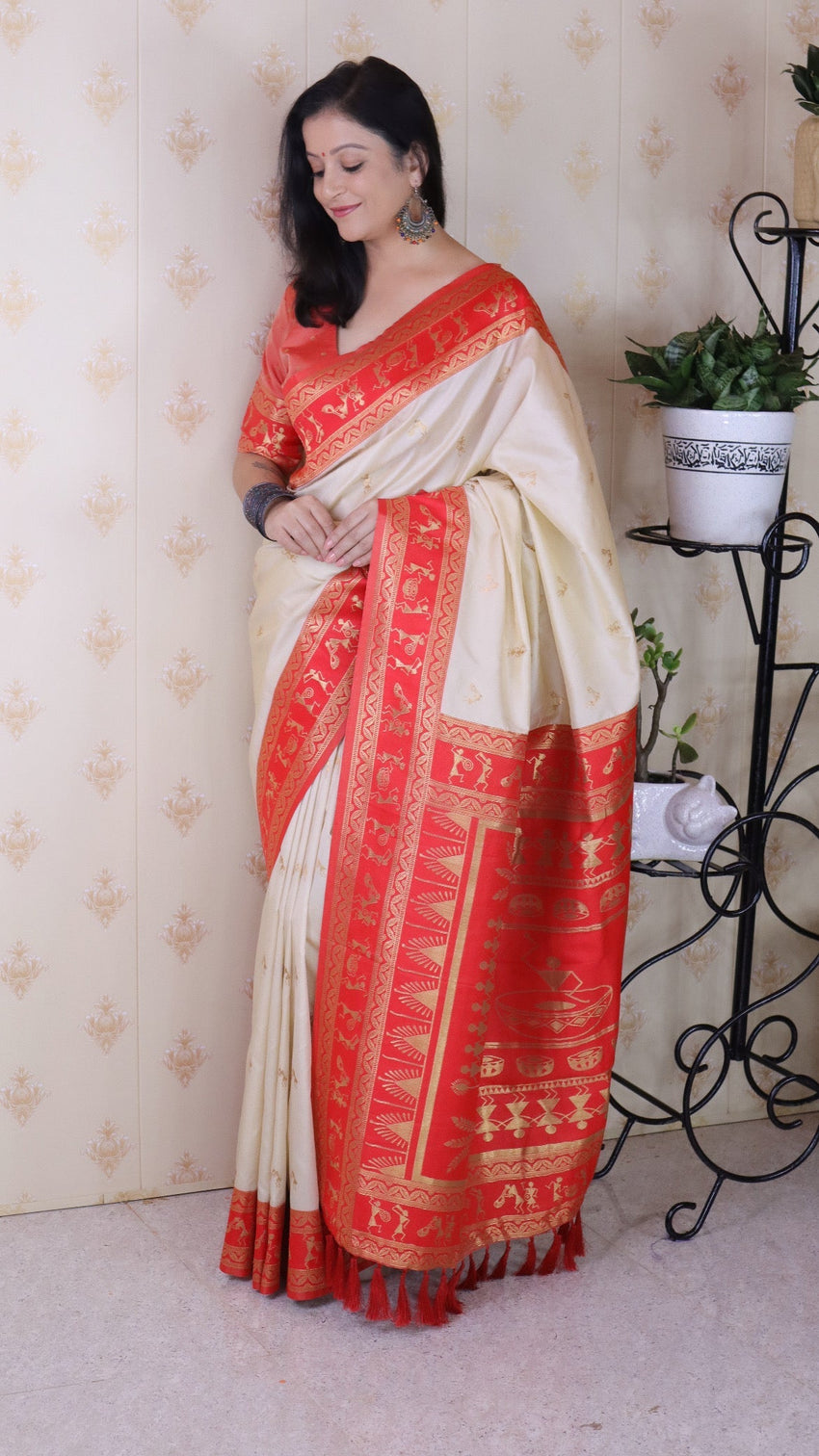 Cream soft silk zari woven warli art traditional saree