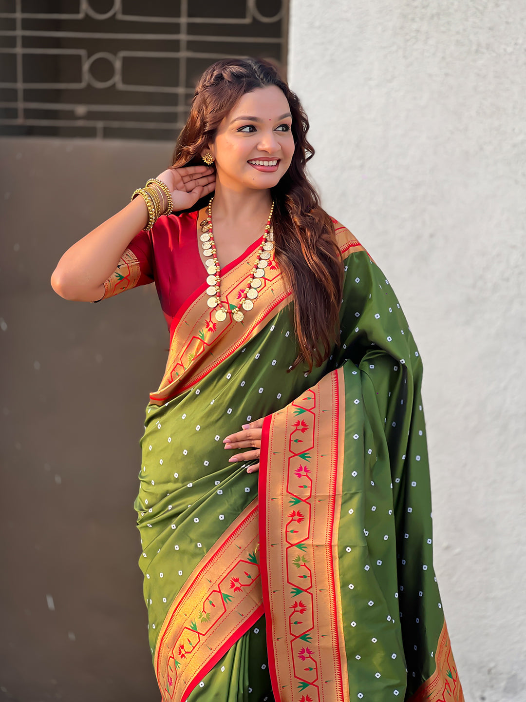 Mehendi green zari woven bandhani paithani fusion silk saree