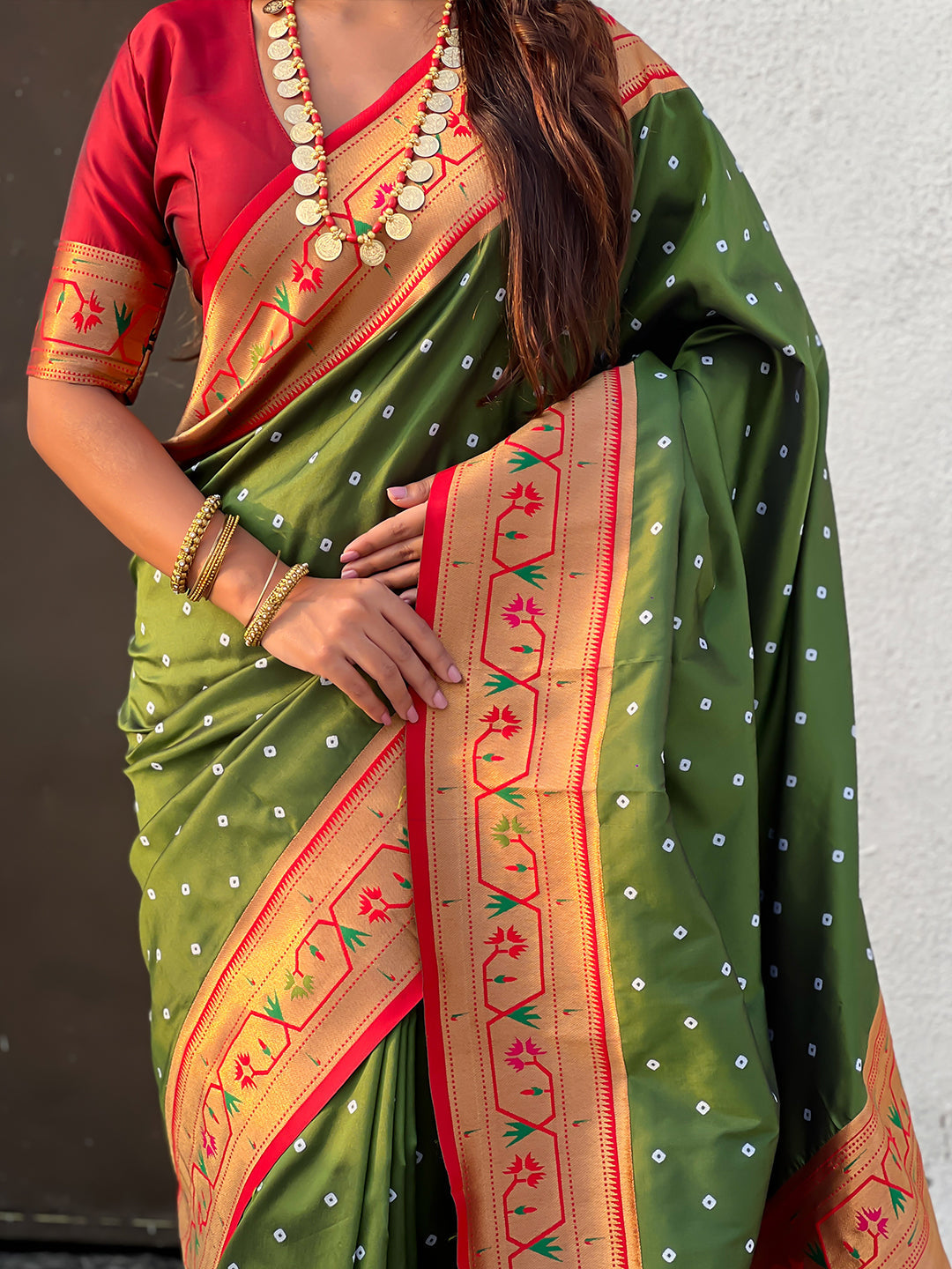 Mehendi green zari woven bandhani paithani fusion silk saree