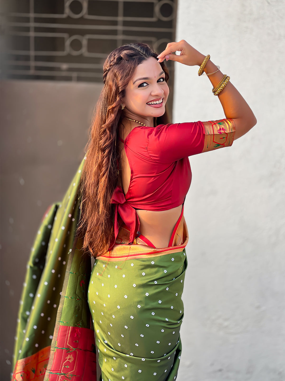Mehendi green zari woven bandhani paithani fusion silk saree