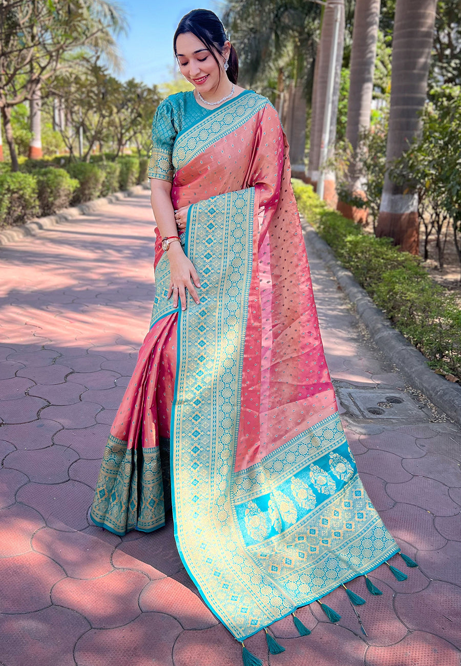 Pink pure tissue zari woven saree with contrast weaves