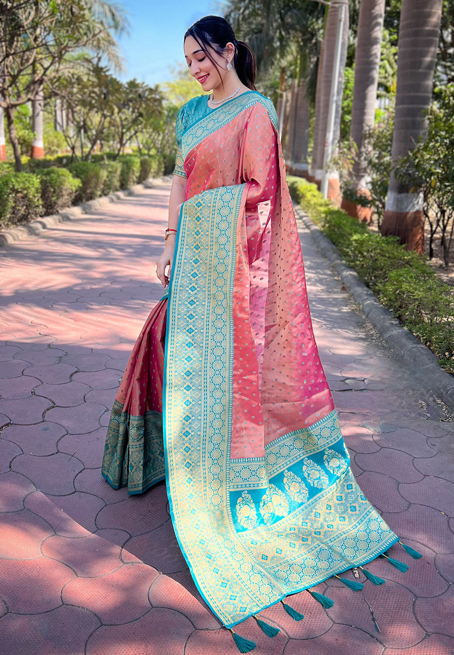 Pink pure tissue zari woven saree with contrast weaves