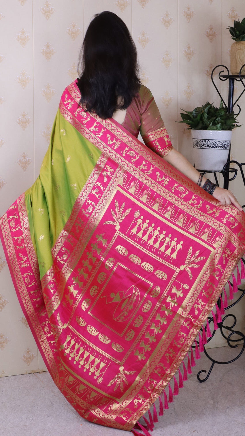 Mehendi green soft silk zari woven warli art traditional saree