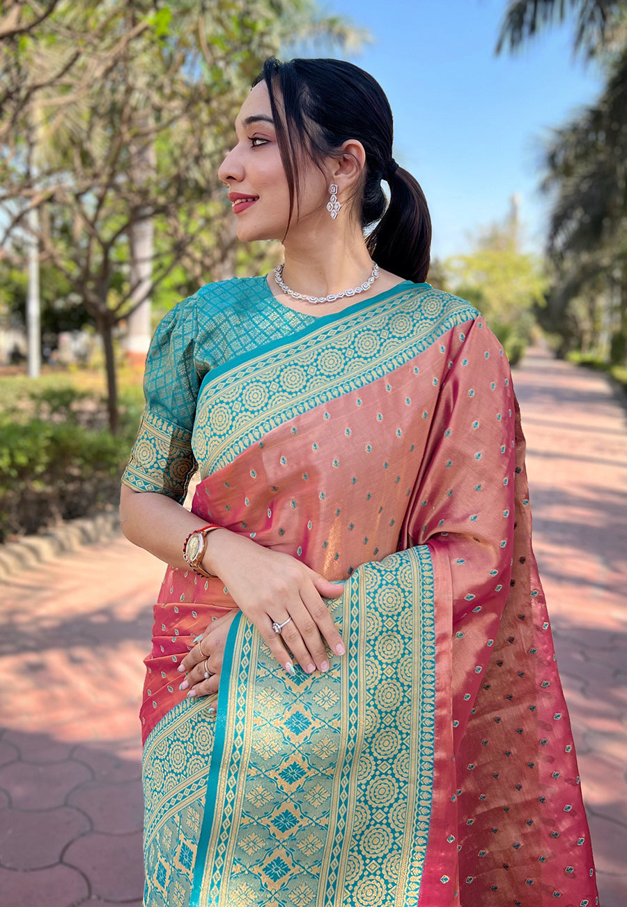 Pink pure tissue zari woven saree with contrast weaves