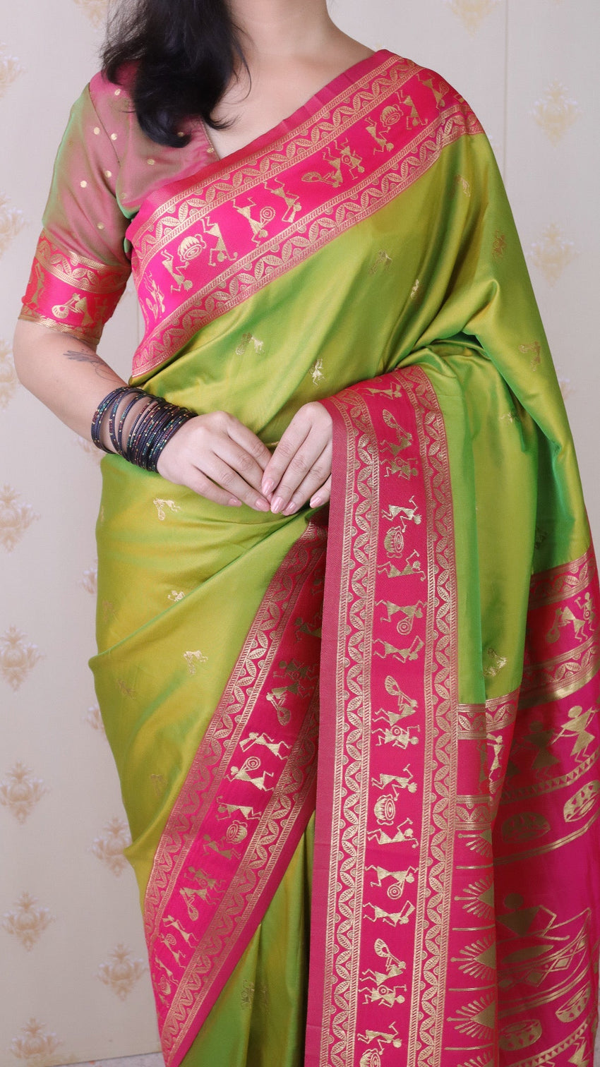 Mehendi green soft silk zari woven warli art traditional saree