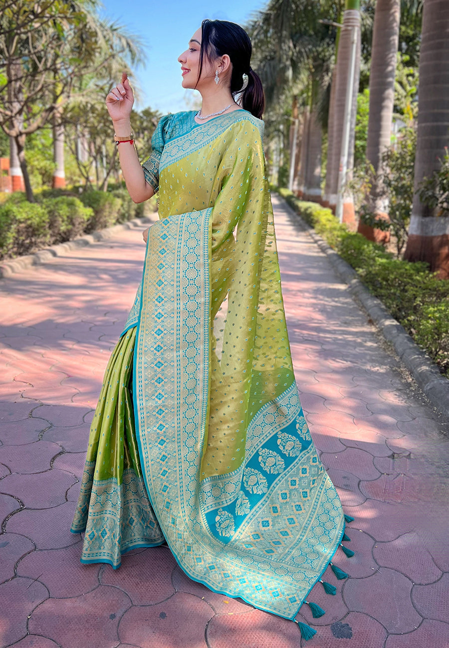 Green pure tissue zari woven saree with contrast weaves