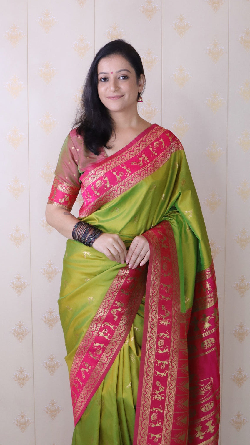 Mehendi green soft silk zari woven warli art traditional saree