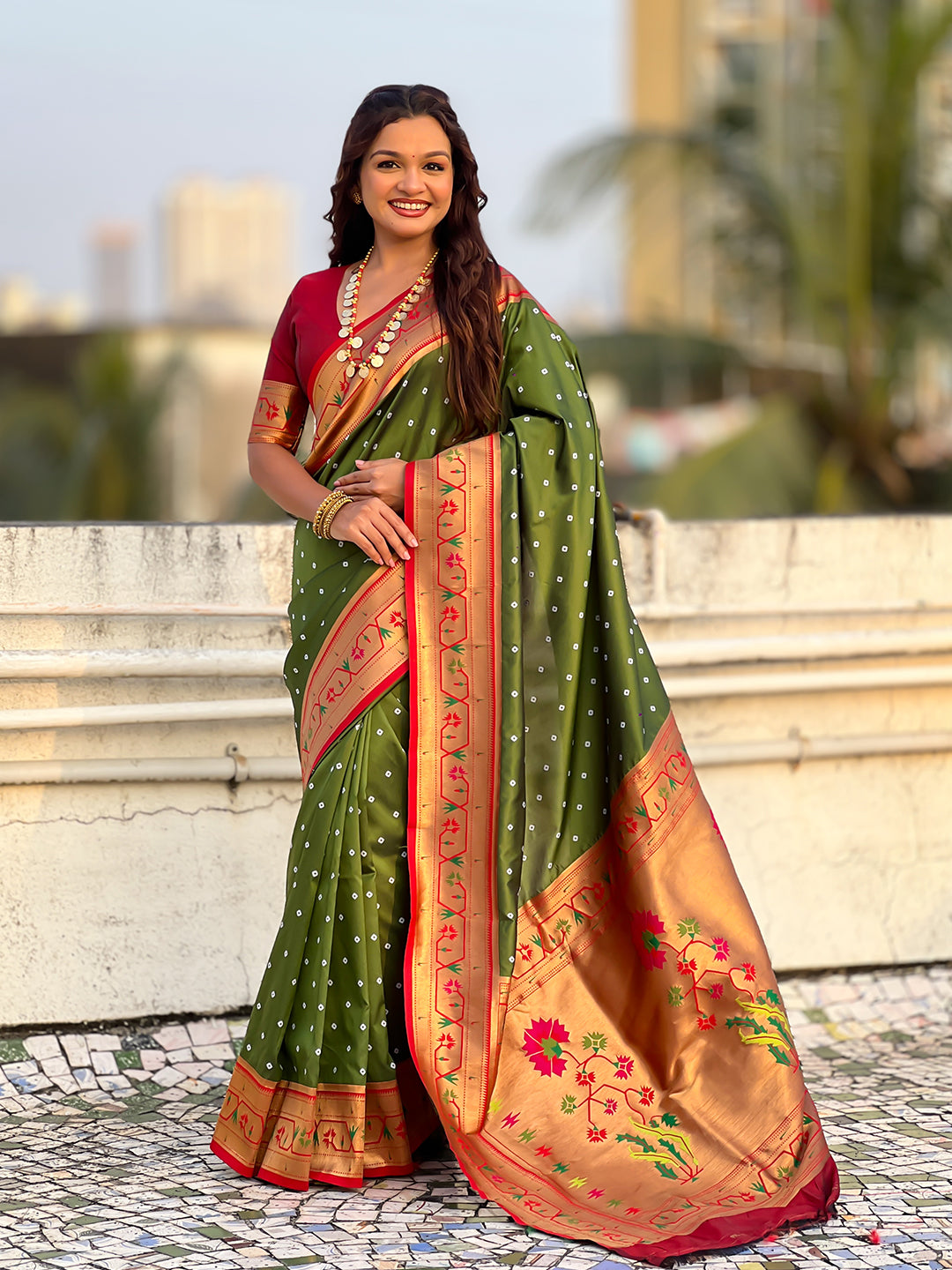 Mehendi green zari woven bandhani paithani fusion silk saree