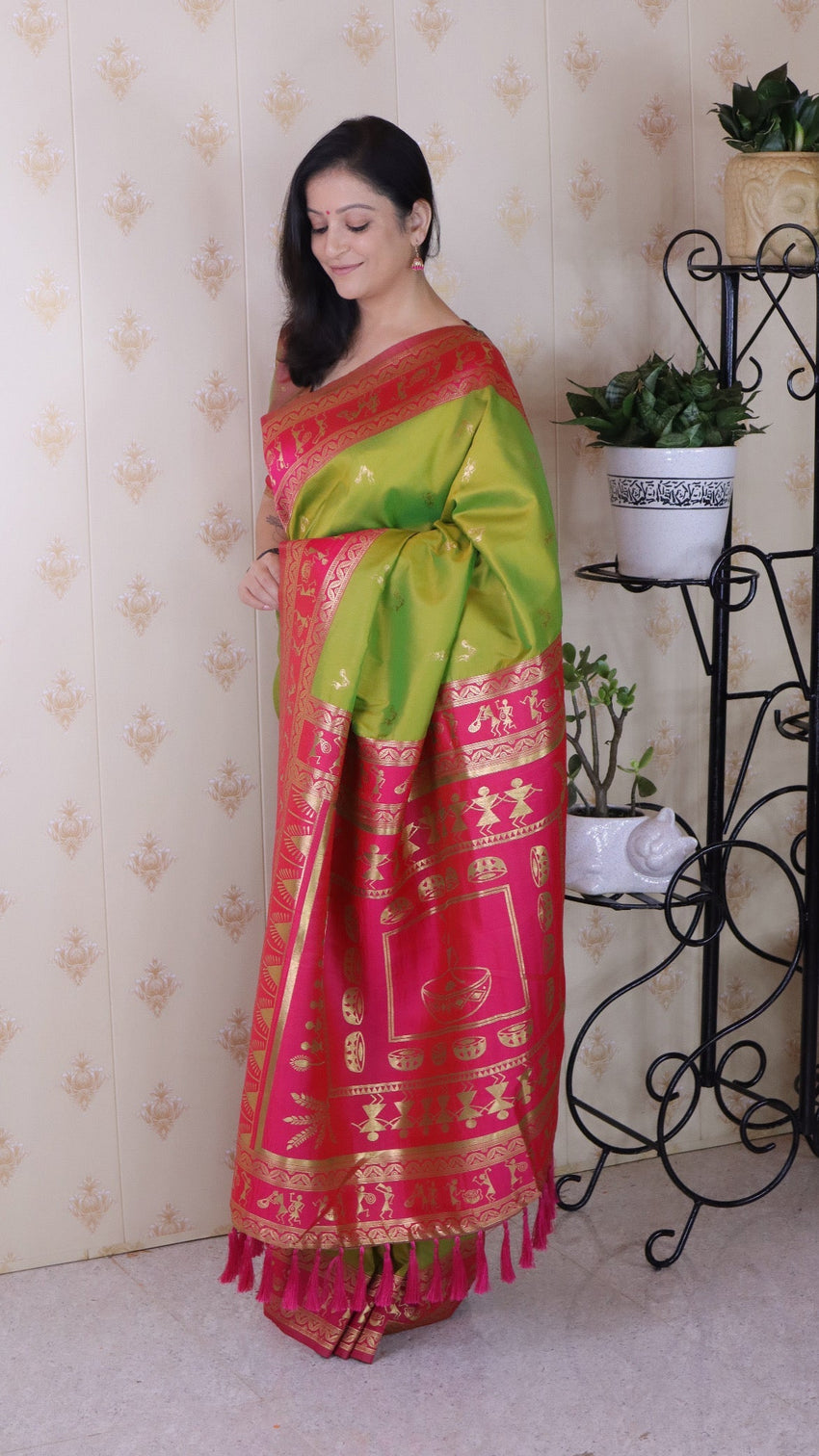 Mehendi green soft silk zari woven warli art traditional saree
