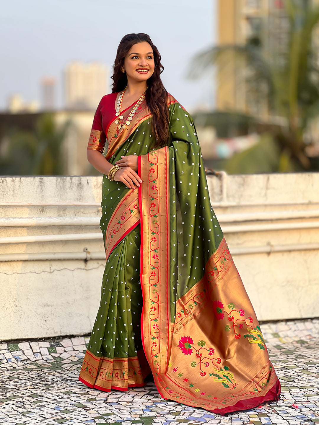 Mehendi green zari woven bandhani paithani fusion silk saree