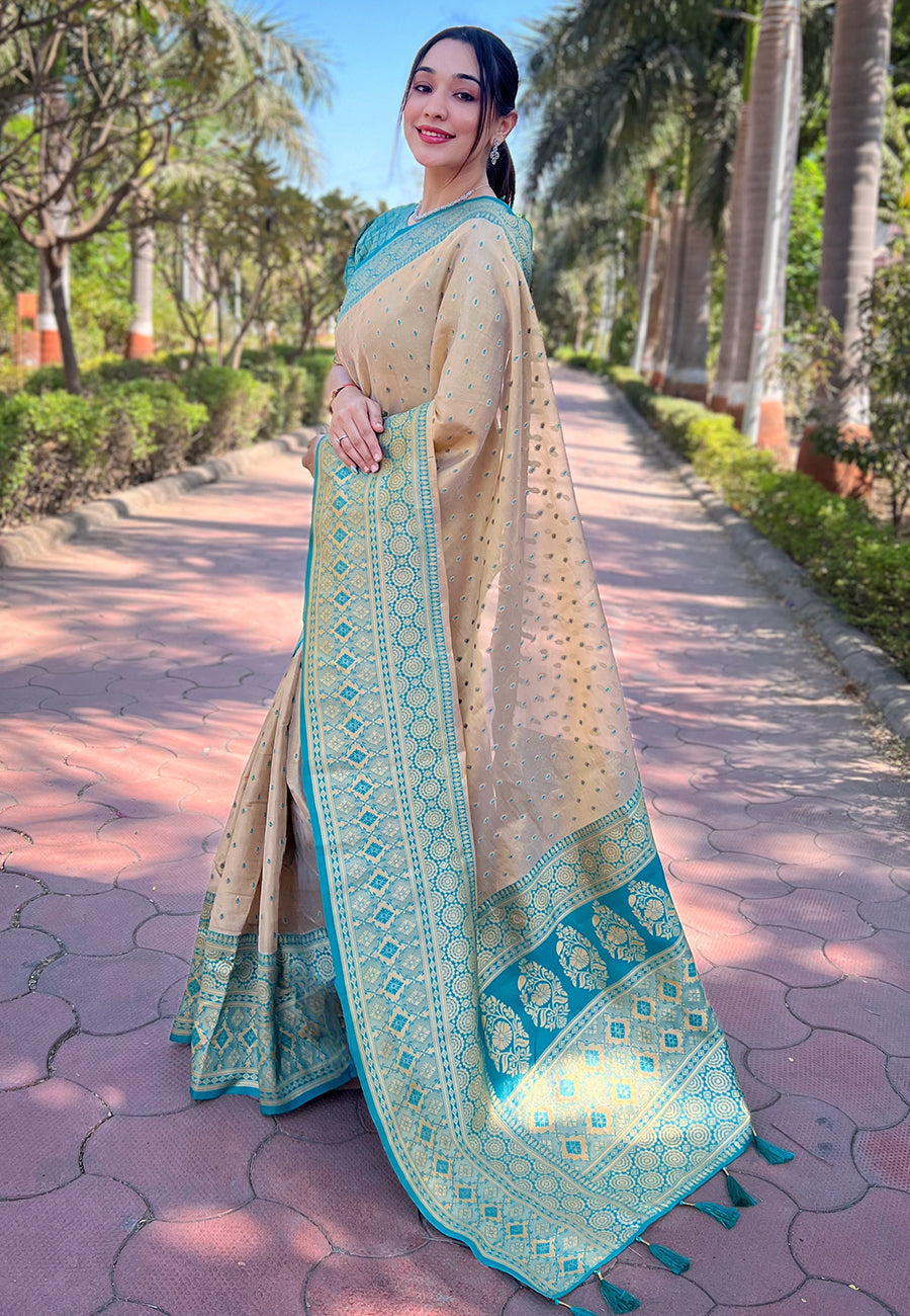 Chickoo pure tissue zari woven saree with contrast weaves