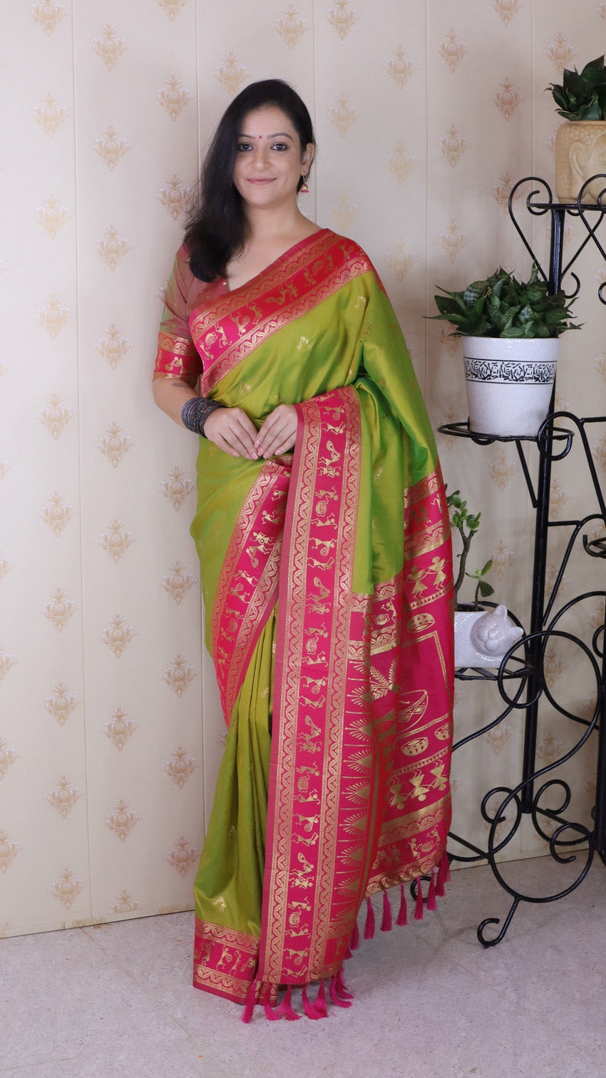 Mehendi green soft silk zari woven warli art traditional saree