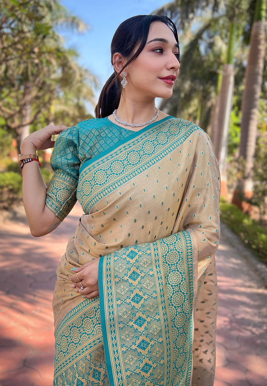 Chickoo pure tissue zari woven saree with contrast weaves