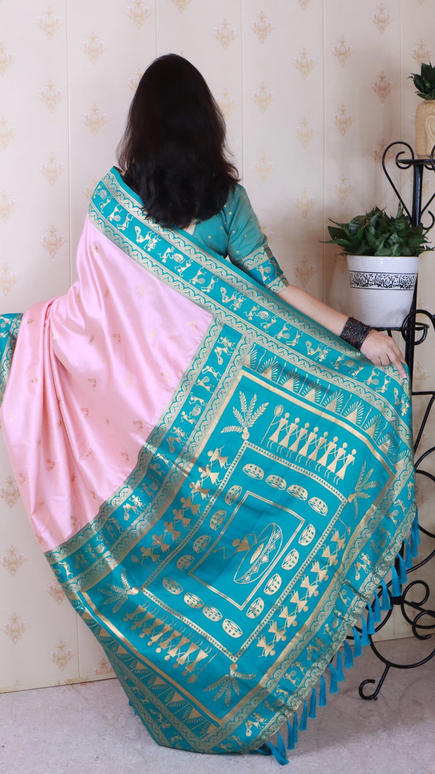 Baby pink soft silk zari woven warli art traditional saree