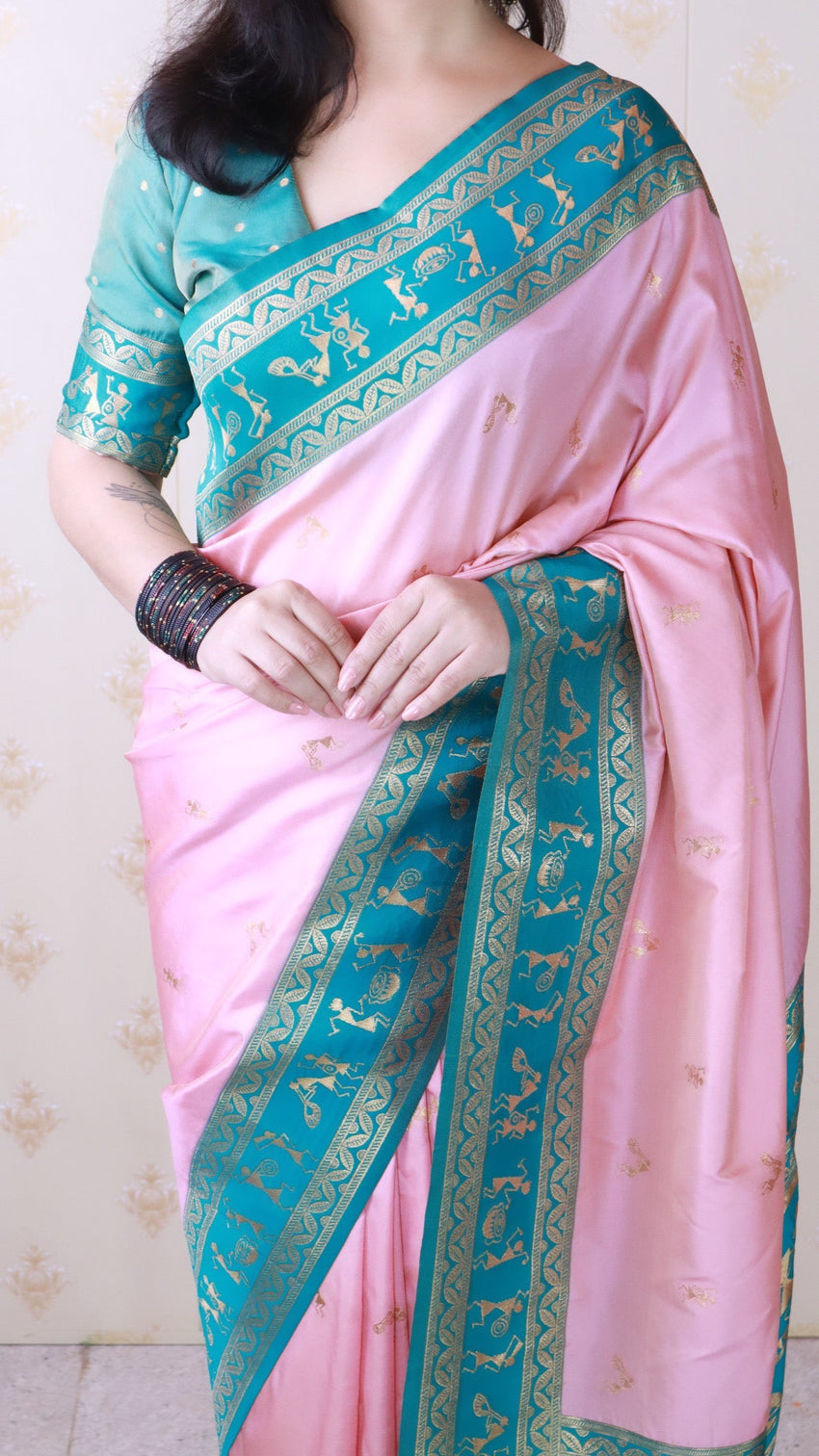 Baby pink soft silk zari woven warli art traditional saree
